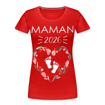 Design Floral Coeur Maman 2026 - T-shirt bio Premium Femme - rouge - Devant - Mia (176cm)