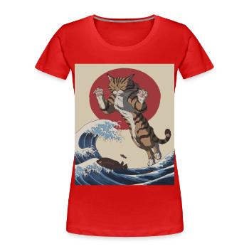 Art de la vague de chat - Illustration d’inspiration japonaise - T-shirt bio Premium Femme - rouge - Devant - Mia (176cm)