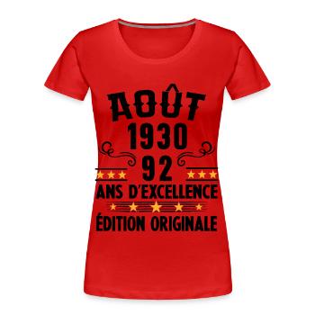 92 Ans Anniversaire Vintage Né(e) en Août 1930 - T-shirt bio Premium Femme - rouge - Devant - Mia (176cm)