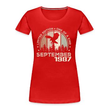 Unvergleichlich seit September 1987 37 Jubiläum - Frauen Premium Bio T-Shirt - Rot - Vorne - Mia (176cm)