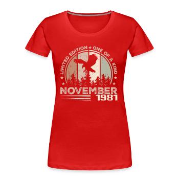 Unvergleichlich seit November 1981 43 Jubiläum - Frauen Premium Bio T-Shirt - Rot - Vorne - Mia (176cm)