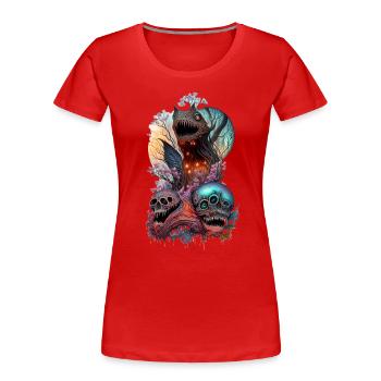 Monster Motiv "Da ist was im Busche" - Frauen Premium Bio T-Shirt - Rot - Vorne - Mia (176cm)