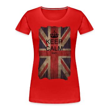 Keep Calm auf Union Jack + dein Text - Frauen Premium Bio T-Shirt - Rot - Vorne - Mia (176cm)
