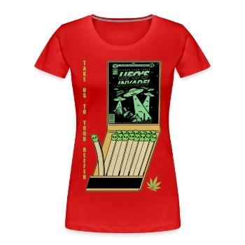 UFO Invasion Vintage Poster Design - Women's Premium Organic T-Shirt - red - Front - Mia (176cm)