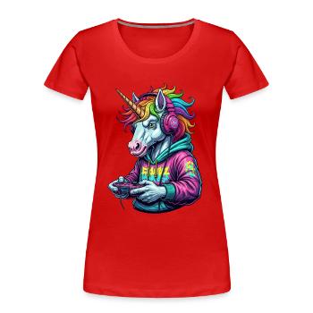 Einhorn Gamer: Retro Zocker Spaß! - Frauen Premium Bio T-Shirt - Rot - Vorne - Mia (176cm)
