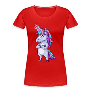 Licorne agacée : Paillettes et colère ! - T-shirt bio Premium Femme - rouge - Devant - Mia (176cm)