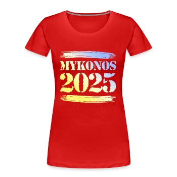 Mykonos 2025 - T-shirt bio Premium Femme - rouge - Devant - Mia (176cm)