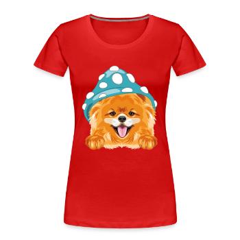 Niedlicher lächelnder Pommersche Hund mit blauem Amanita-Hut - Frauen Premium Bio T-Shirt - Rot - Vorne - Mia (176cm)