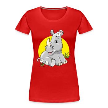 Cute shy baby rhino sitting on lawn with chamomile - Women's Premium Organic T-Shirt - red - Front - Mia (176cm)