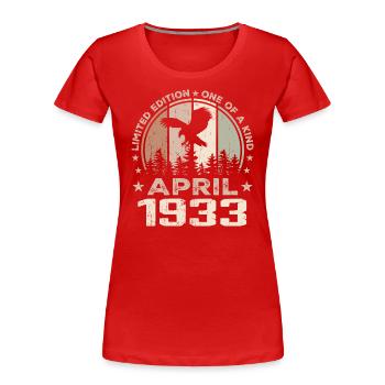Unvergleichlich seit April 1933, 91. Jahrestag - Frauen Premium Bio T-Shirt - Rot - Vorne - Mia (176cm)