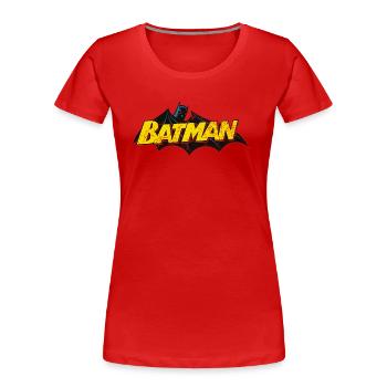 Logo Batman écriture jaune Tee-shirt pour femmes - T-shirt bio Premium Femme - rouge - Devant - Mia (176cm)