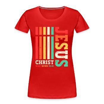 Jesus Christus Shirt Bibelvers Ich bin der Weg - Frauen Premium Bio T-Shirt - Rot - Vorne - Mia (176cm)