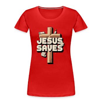 Jesus saves - Jesus rettet - Frauen Premium Bio T-Shirt - Rot - Vorne - Mia (176cm)