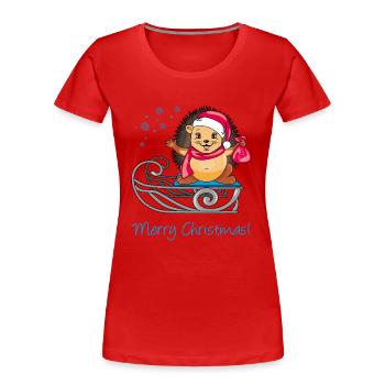 Glücklicher Weihnachtsigel auf einem Schlitten - Frauen Premium Bio T-Shirt - Rot - Vorne - Mia (176cm)