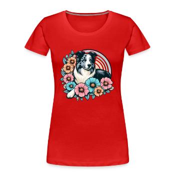 Border Collie Rétro Pastel Floral Bleu Merle - T-shirt bio Premium Femme - rouge - Devant - Mia (176cm)