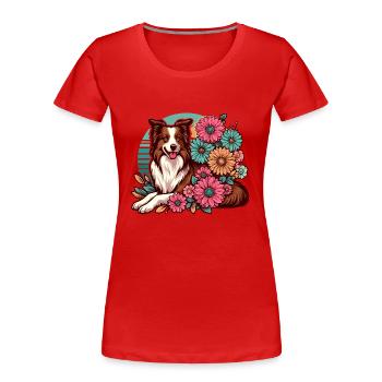 Border Collie Rétro Pastel Floral Rouge Marron - T-shirt bio Premium Femme - rouge - Devant - Mia (176cm)