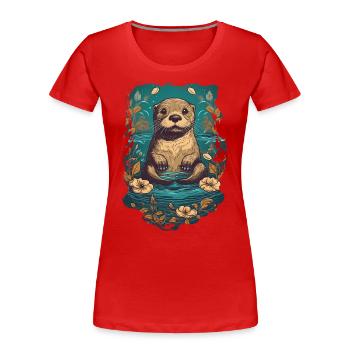 Loutre mignonne dans l’eau avec des nénuphars - T-shirt bio Premium Femme - rouge - Devant - Mia (176cm)