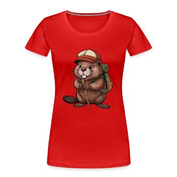 Lustiger Biber mit Wanderstöcken und Rucksack - Frauen Premium Bio T-Shirt - Rot - Vorne - Mia (176cm)