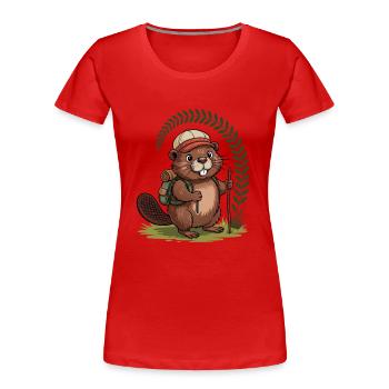 Lustiger Biber mit Wanderstöcken und Rucksack - Frauen Premium Bio T-Shirt - Rot - Vorne - Mia (176cm)
