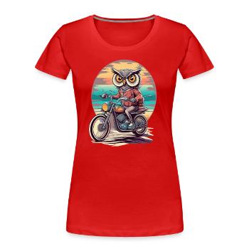 Motorradfahrt bei Sonnenuntergang im Retro-Stil mit einer weisen Eule - Frauen Premium Bio T-Shirt - Rot - Vorne - Mia (176cm)