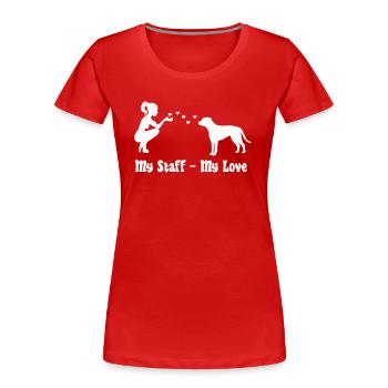 American Staffordshire Terrier mit Frau - Frauen Premium Bio T-Shirt - Rot - Vorne - Mia (176cm)