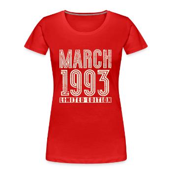March 1993 Vintage Retro Birthday - Women's Premium Organic T-Shirt - red - Front - Mia (176cm)