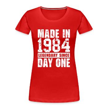 Hergestellt 1984, legendär seit dem ersten Tag - Frauen Premium Bio T-Shirt - Rot - Vorne - Mia (176cm)