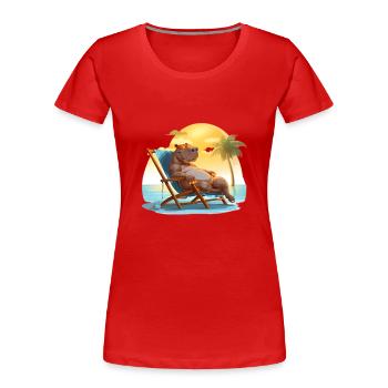 sich im Liegestuhl sonnendes Nilpferd am Strand - Frauen Premium Bio T-Shirt - Rot - Vorne - Mia (176cm)