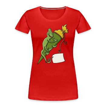 Caméléon avec cône d’école et bout de papier - T-shirt bio Premium Femme - rouge - Devant - Mia (176cm)