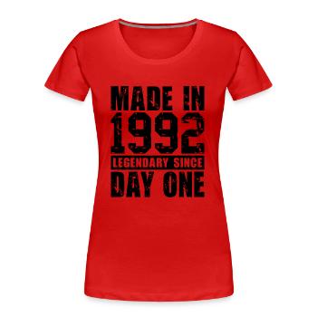 Hergestellt 1992, legendär seit dem ersten Tag - Frauen Premium Bio T-Shirt - Rot - Vorne - Mia (176cm)