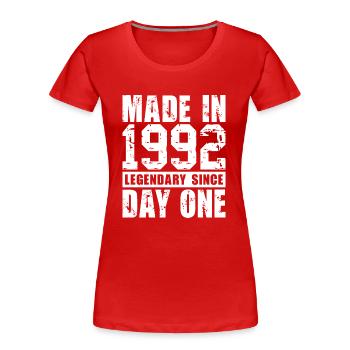 Hergestellt 1992, legendär seit dem ersten Tag - Frauen Premium Bio T-Shirt - Rot - Vorne - Mia (176cm)