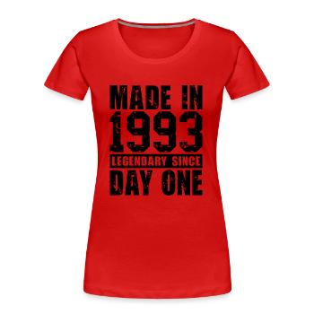 Hergestellt 1993, legendär seit dem ersten Tag - Frauen Premium Bio T-Shirt - Rot - Vorne - Mia (176cm)