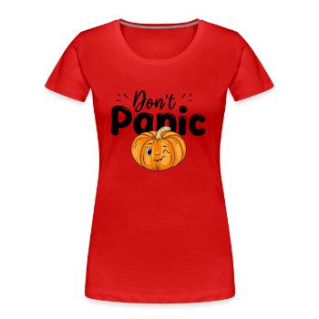 Keine Panik. Design mit zwinkerndem Kürbis - Frauen Premium Bio T-Shirt - Rot - Vorne - Mia (176cm)