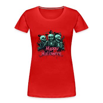 Gruselige Skelette, pink "Happy Halloween" - Frauen Premium Bio T-Shirt - Rot - Vorne - Mia (176cm)