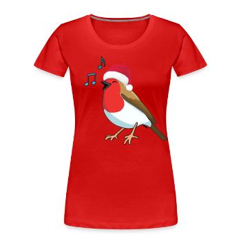 Cute Kawaii Cartoon Robin In Santa Hat Singing - Women's Premium Organic T-Shirt - red - Front - Mia (176cm)