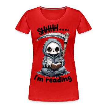 Faucheuse lisant un livre avec du café - T-shirt bio Premium Femme - rouge - Devant - Mia (176cm)