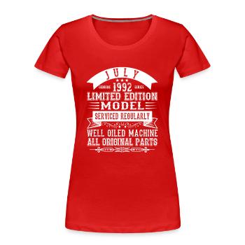 Juillet 1992 - Cadeau d’anniversaire du 30 juillet. Génial. - T-shirt bio Premium Femme - rouge - Devant - Mia (176cm)