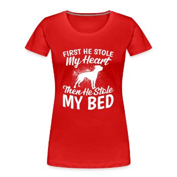 Amerikanische Bulldogge Er Hat Mein Herz - Frauen Premium Bio T-Shirt - Rot - Vorne - Mia (176cm)