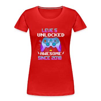 Niveau 5 débloqué génial depuis 2018 Funny Gamer - T-shirt bio Premium Femme - rouge - Devant - Mia (176cm)