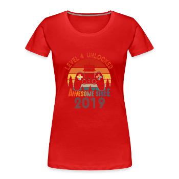 Niveau 4 Débloqué Génial depuis 2019 Funny Gamer - T-shirt bio Premium Femme - rouge - Devant - Mia (176cm)