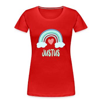 Justus Name Regenbogen Baby - Frauen Premium Bio T-Shirt - Rot - Vorne - Mia (176cm)