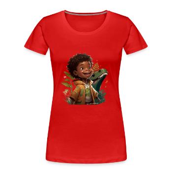 Small child with dino/reptile - Women's Premium Organic T-Shirt - red - Front - Mia (176cm)