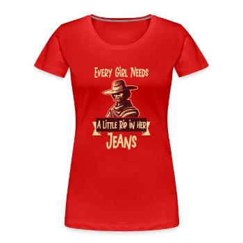 Chaque fille a besoin d’une petite déchirure dans son jean - T-shirt bio Premium Femme - rouge - Devant - Mia (176cm)