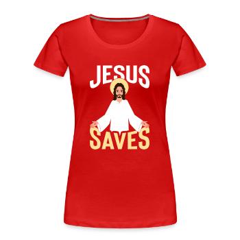 Jesus Saves mit Heiligen schein - Frauen Premium Bio T-Shirt - Rot - Vorne - Mia (176cm)