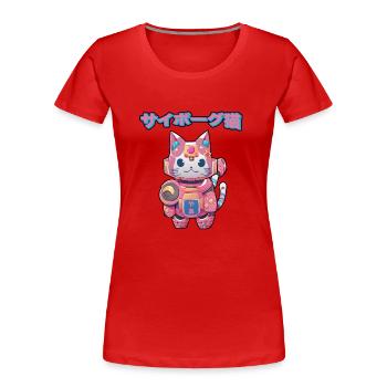Cyborg Maneki Neko Cat Cyber Esthétique Japonaise - T-shirt bio Premium Femme - rouge - Devant - Mia (176cm)