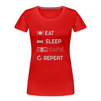 Eat Sleep Spielwiederholungsgrafik - Frauen Premium Bio T-Shirt - Rot - Vorne - Mia (176cm)