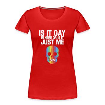 Is It Gay Here Proud LGBTQ Ally Rainbow Gay Pride - Frauen Premium Bio T-Shirt - Rot - Vorne - Mia (176cm)