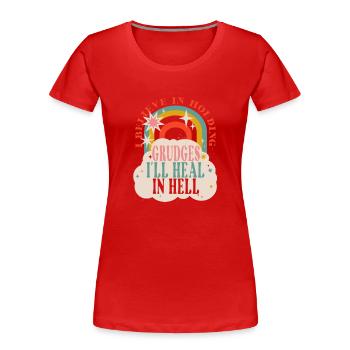 Je crois en la culpabilité que je ressens en enfer - T-shirt bio Premium Femme - rouge - Devant - Mia (176cm)