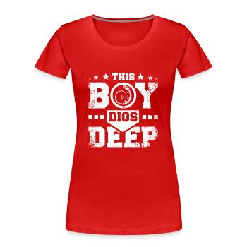 Un garçon paléontologue creuse profondément pour les dinosors - T-shirt bio Premium Femme - rouge - Devant - Mia (176cm)