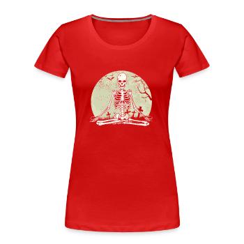 Meditierendes Skelett Lotus Yoga Mond Balance Witz - Frauen Premium Bio T-Shirt - Rot - Vorne - Mia (176cm)